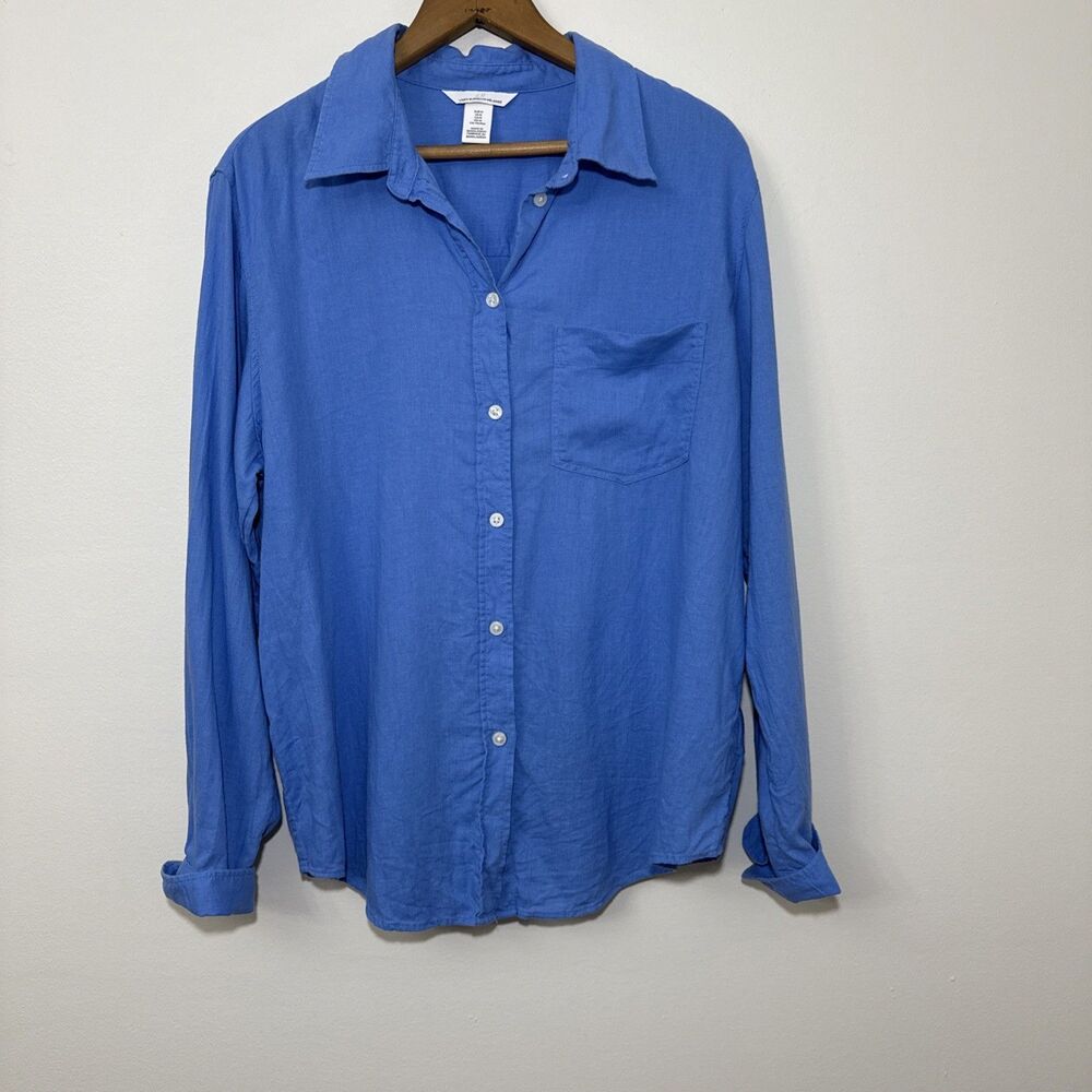 H&M  Linen Blend  Blue Button Up Shirt Women's Size M Coastal Grandma Beach Prep
